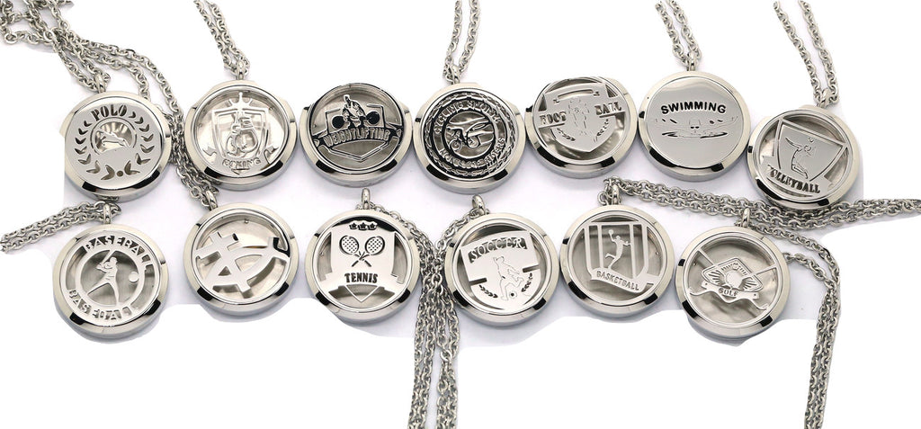 Aromatherapy Essential Oil Diffuser Necklace for Sports Fans with 20" & 24" Chains and 10 Color Pads